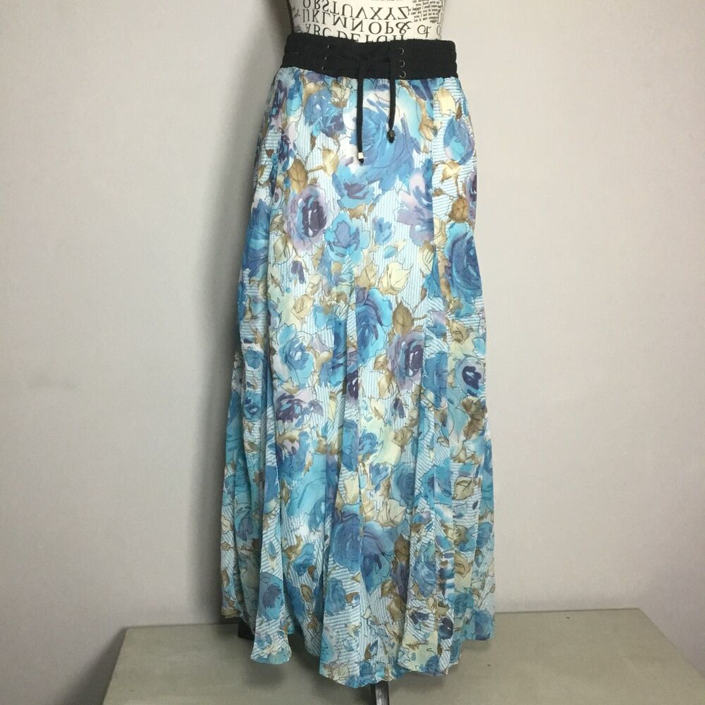 Blue cream floaty maxi skirt corset style elastic waist 27"-30" fairycore boho M